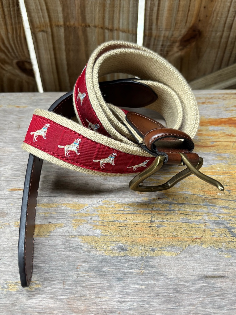 Golden Retriever" Embroidered Red Ribbon, Khaki Web & Brown Leather Belt Size 44